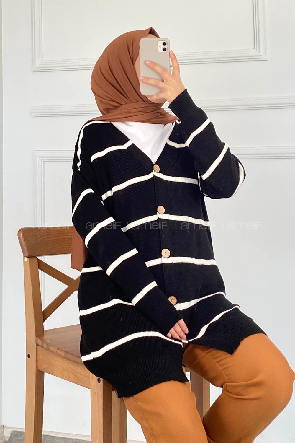 Modalamelif Çizgi Şeritli Önü Düğmeli Triko Hırka Siyah