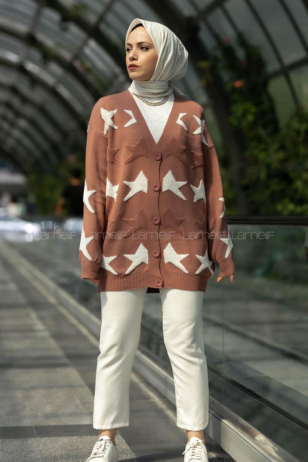 Modalamelif Önü Boydan Düğmeli  Yıldız Desenli Triko Hırka Gül