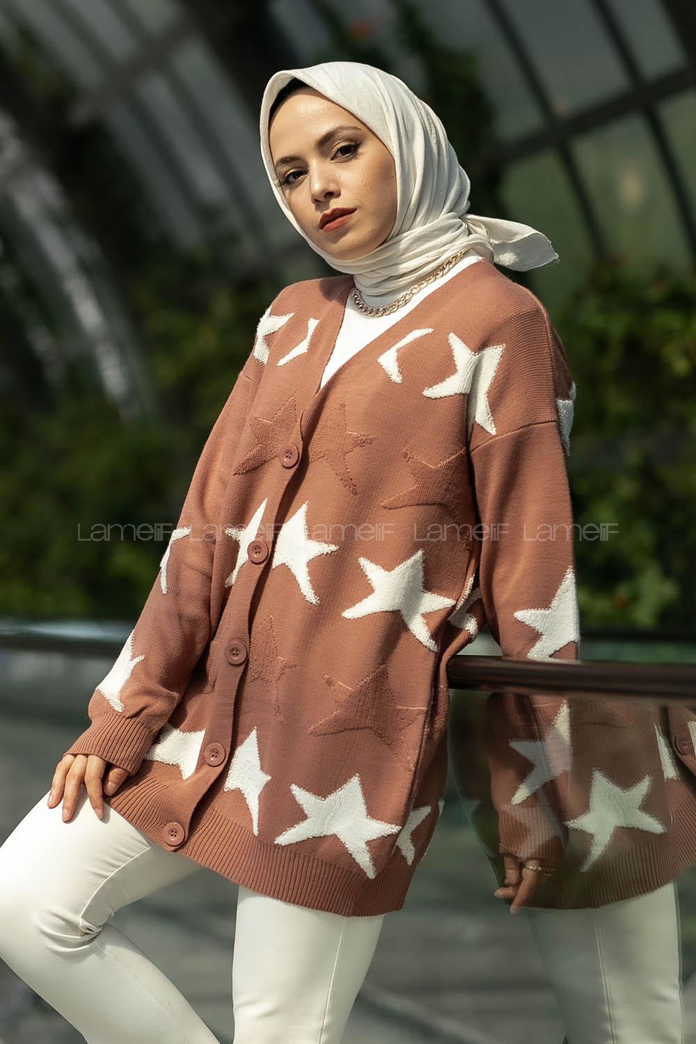 Modalamelif Önü Boydan Düğmeli  Yıldız Desenli Triko Hırka Gül