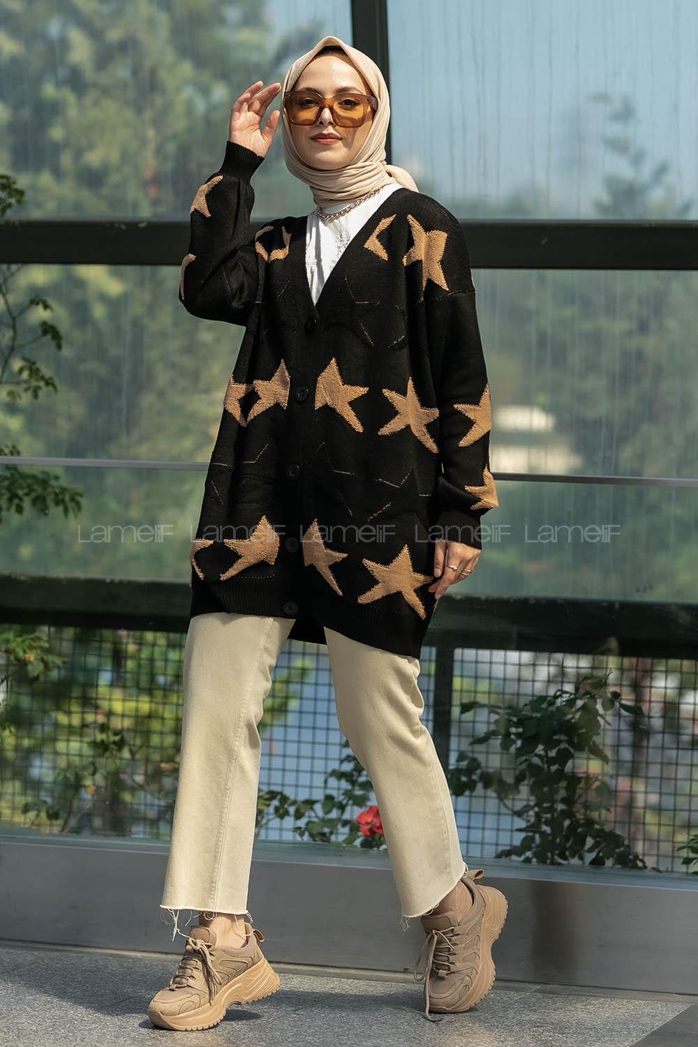 Modalamelif Önü Boydan Düğmeli  Yıldız Desenli Triko Hırka Siyah