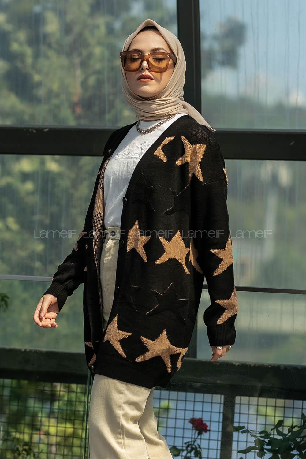 Modalamelif Önü Boydan Düğmeli  Yıldız Desenli Triko Hırka Siyah