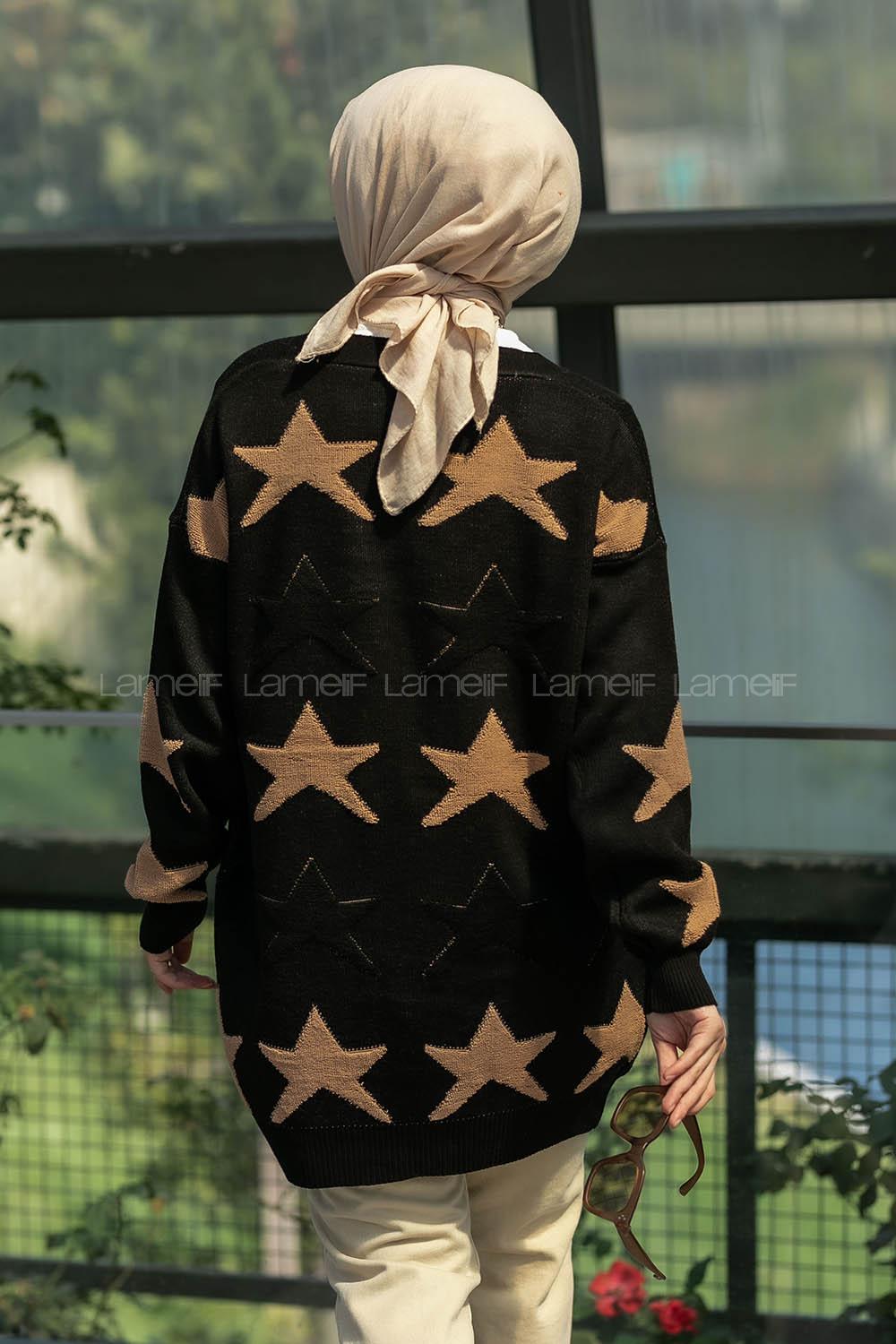 Modalamelif Önü Boydan Düğmeli  Yıldız Desenli Triko Hırka Siyah