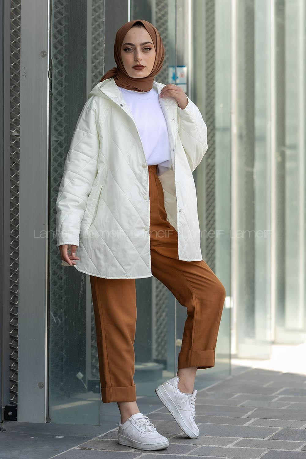 Modalamelif Önü Çıtçıt Düğmeli Kapüşon Detaylı Çift Cepli Salaş Ekru Mont