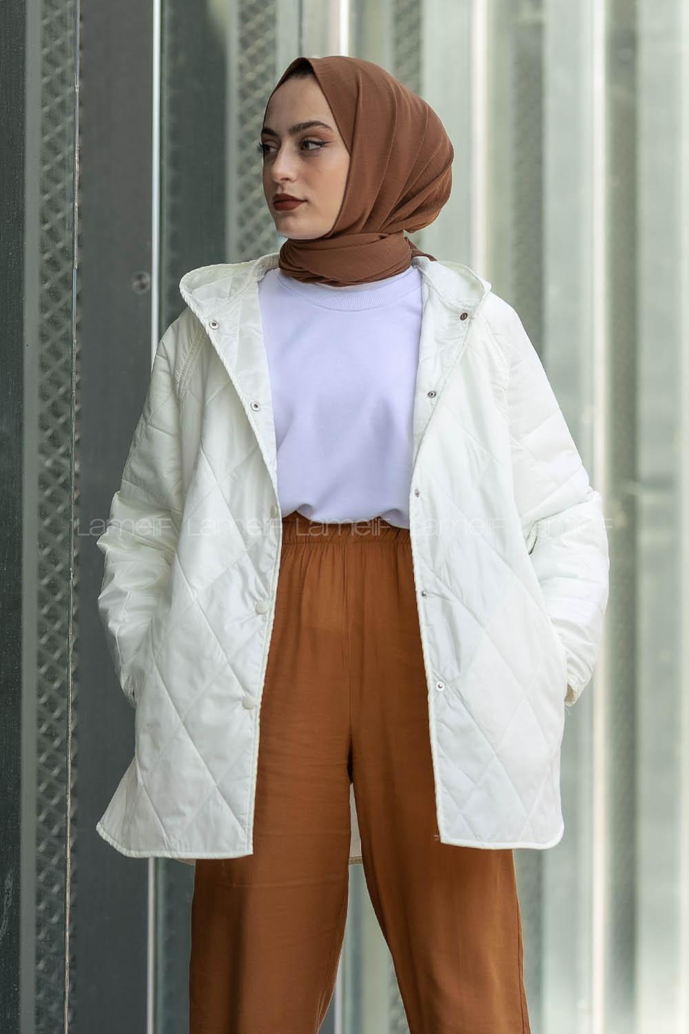 Modalamelif Önü Çıtçıt Düğmeli Kapüşon Detaylı Çift Cepli Salaş Ekru Mont