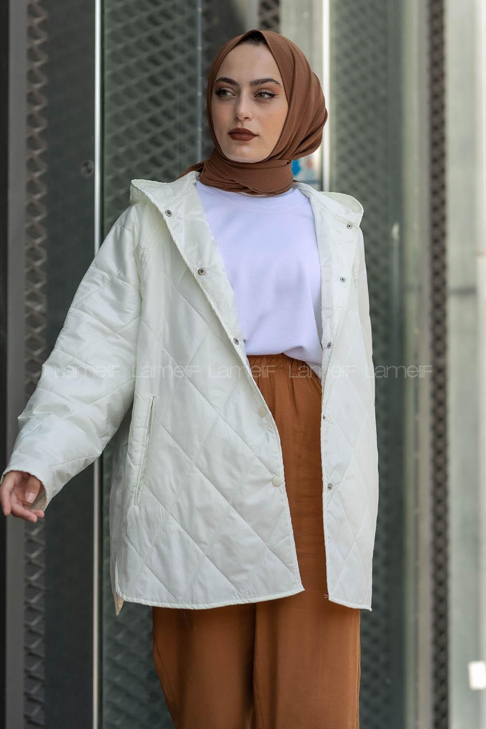 Modalamelif Önü Çıtçıt Düğmeli Kapüşon Detaylı Çift Cepli Salaş Ekru Mont