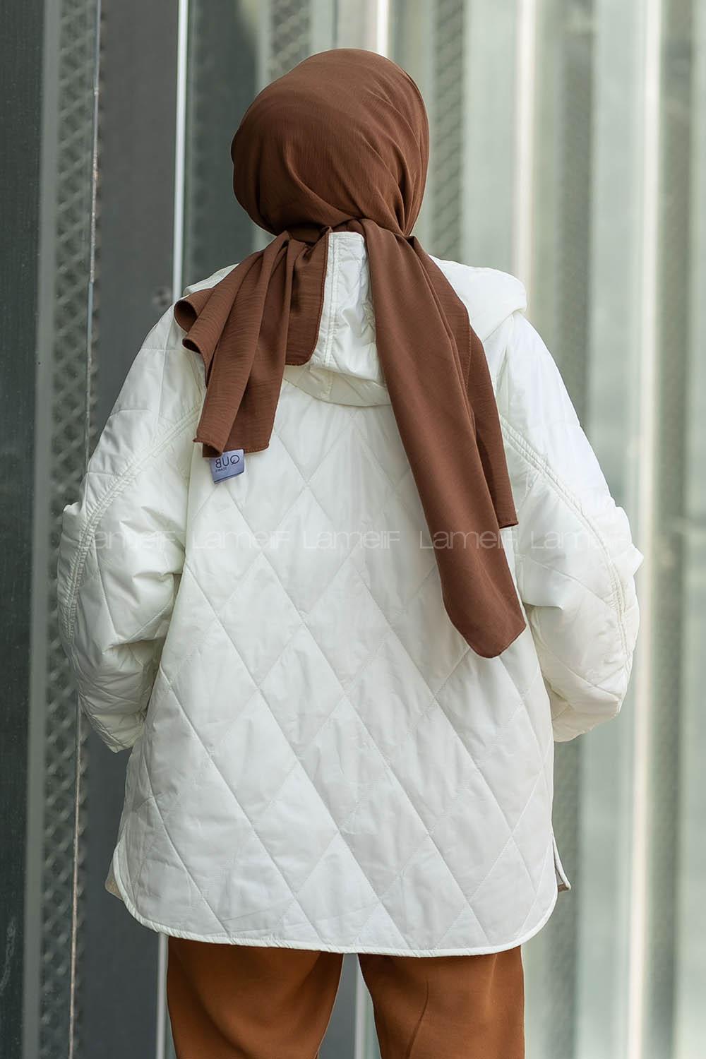 Modalamelif Önü Çıtçıt Düğmeli Kapüşon Detaylı Çift Cepli Salaş Ekru Mont