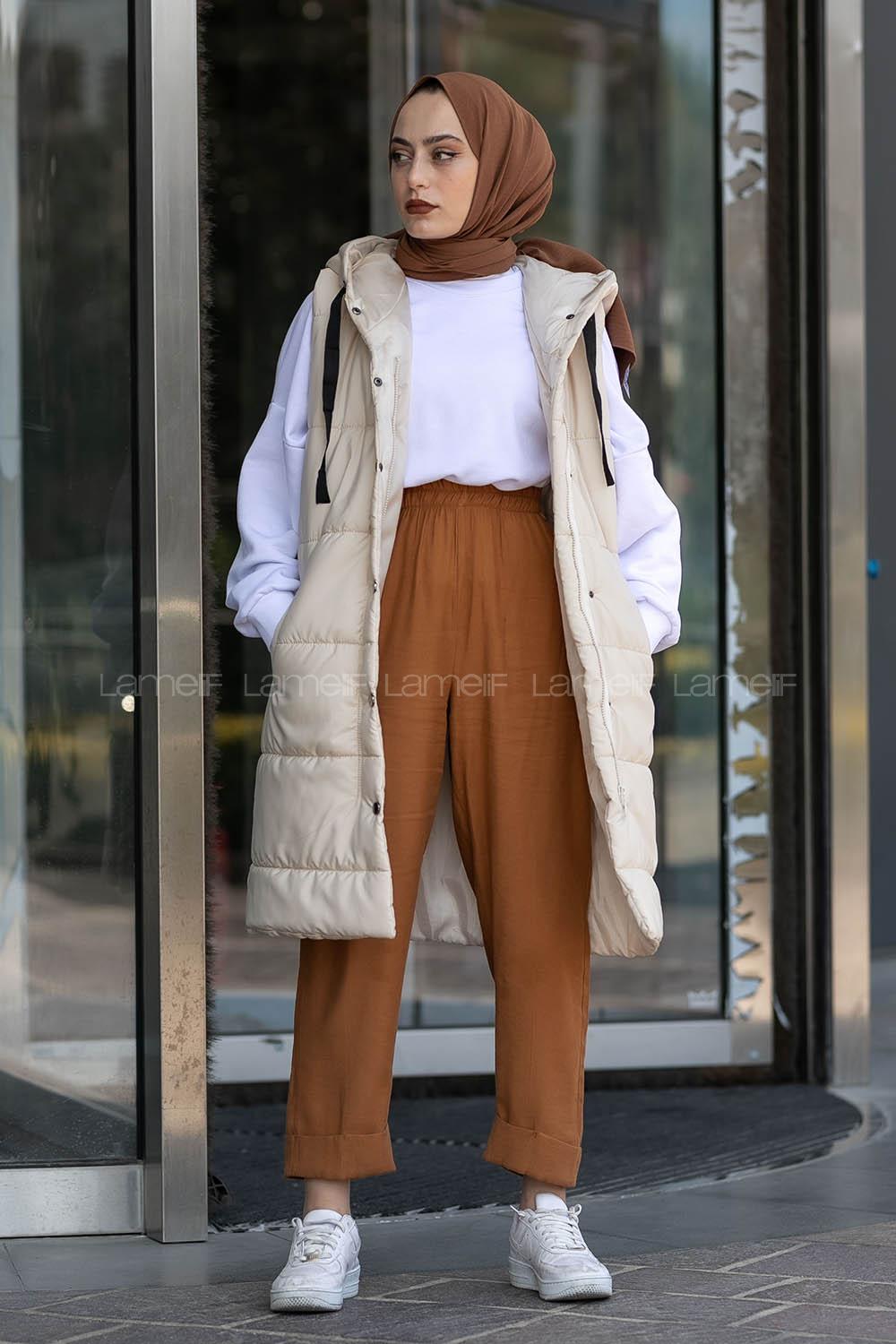 Modalamelif Önü Fermuarlı Şişme Mont Kapüşonlu Yelek Krem