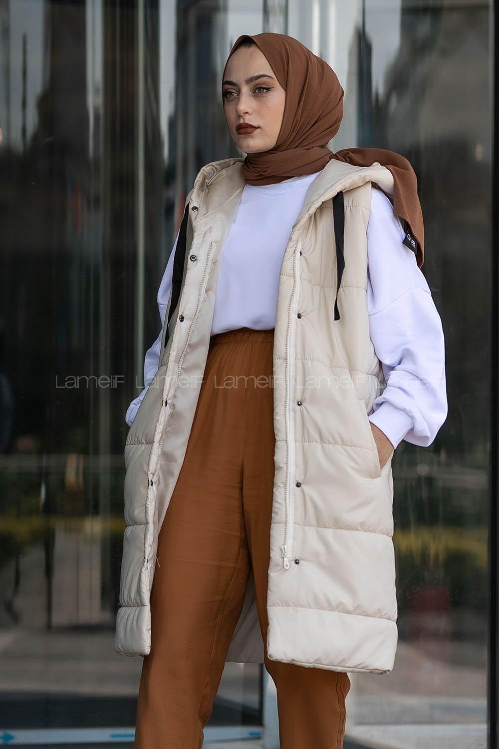 Modalamelif Önü Fermuarlı Şişme Mont Kapüşonlu Yelek Krem