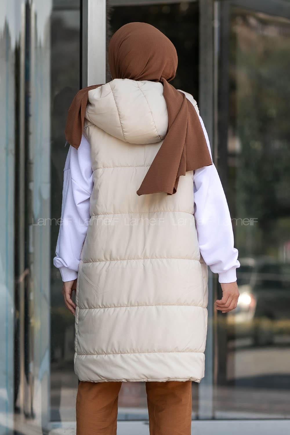 Modalamelif Önü Fermuarlı Şişme Mont Kapüşonlu Yelek Krem