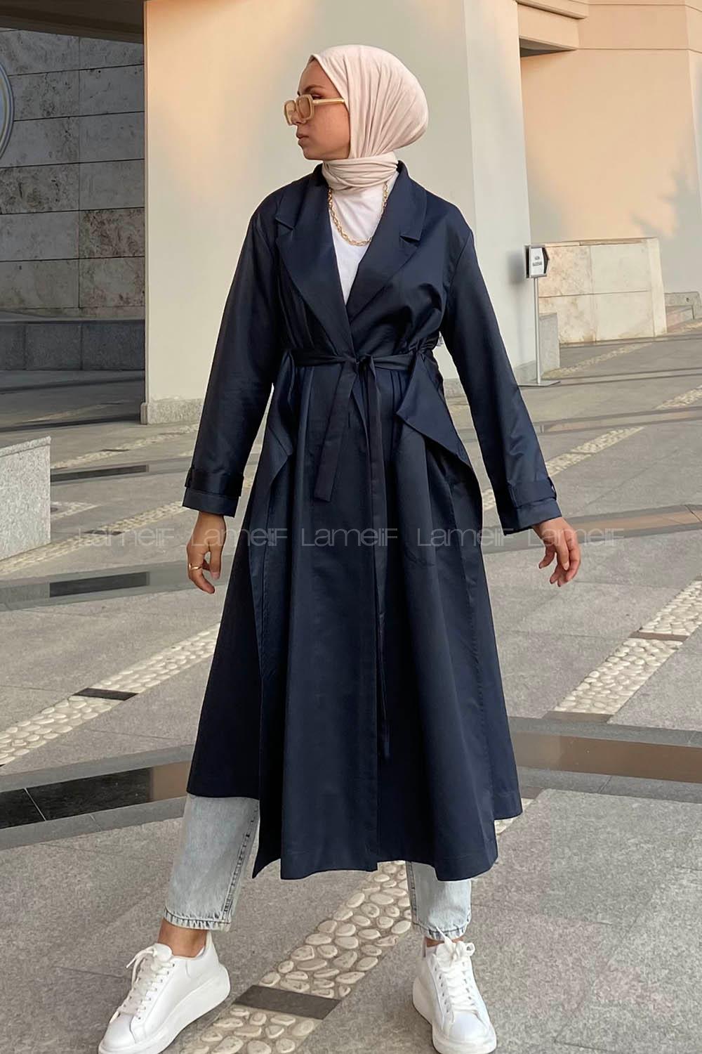 Modalamelif Beli Kuşak Bağlamalı Düğme Detaylı Trenç Lacivert