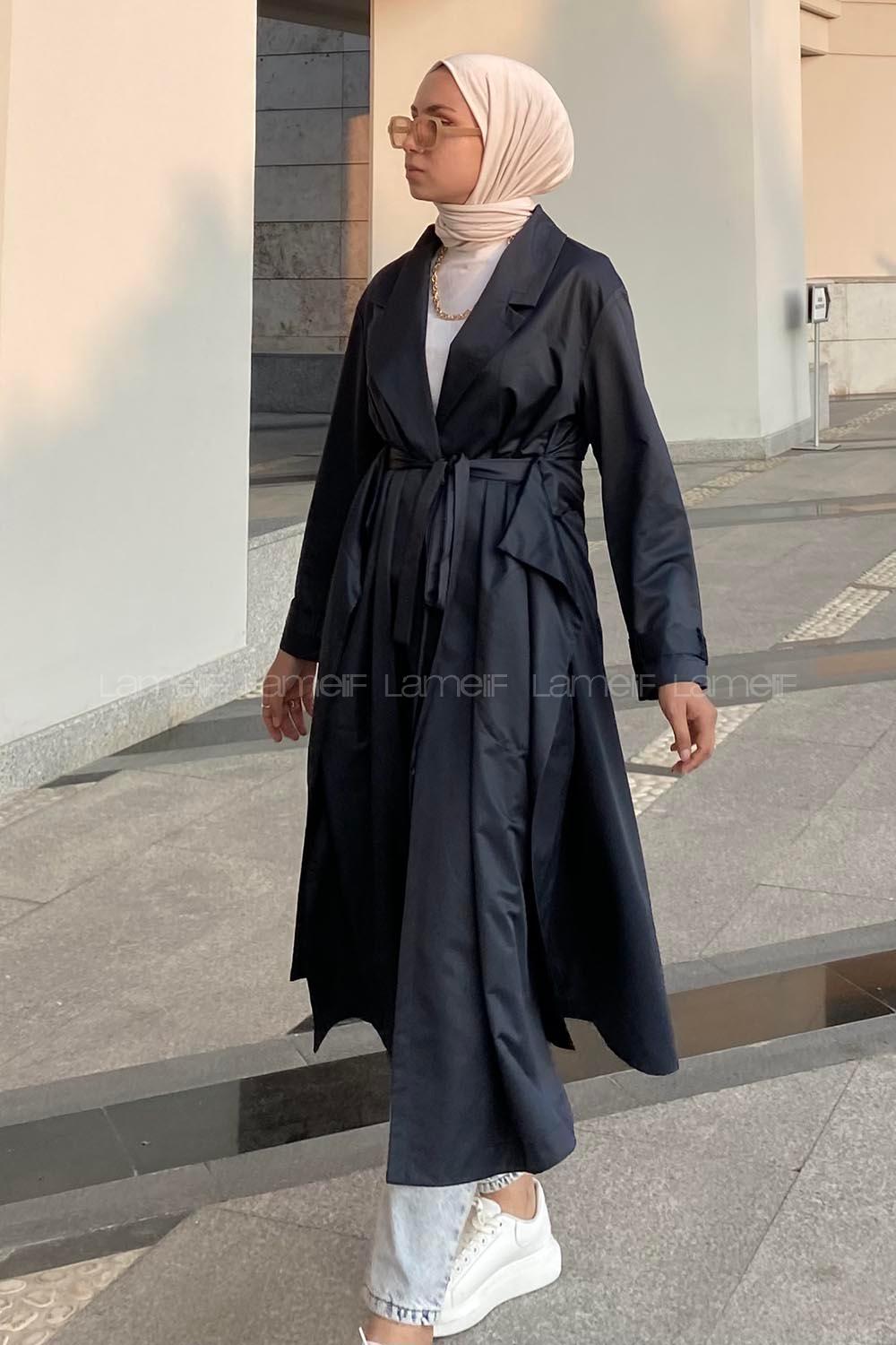 Modalamelif Beli Kuşak Bağlamalı Düğme Detaylı Trenç Lacivert