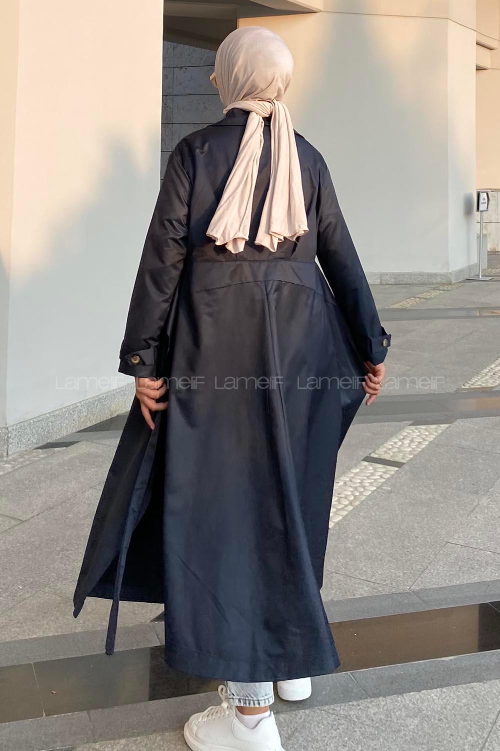 Modalamelif Beli Kuşak Bağlamalı Düğme Detaylı Trenç Lacivert