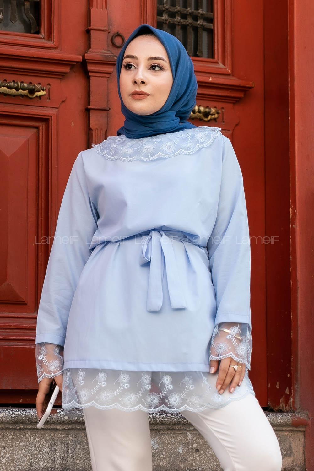 Modalamelif  Yaka Ve Etek Dantel Detaylı Kuşak Bağlamalı Tunik Mavi