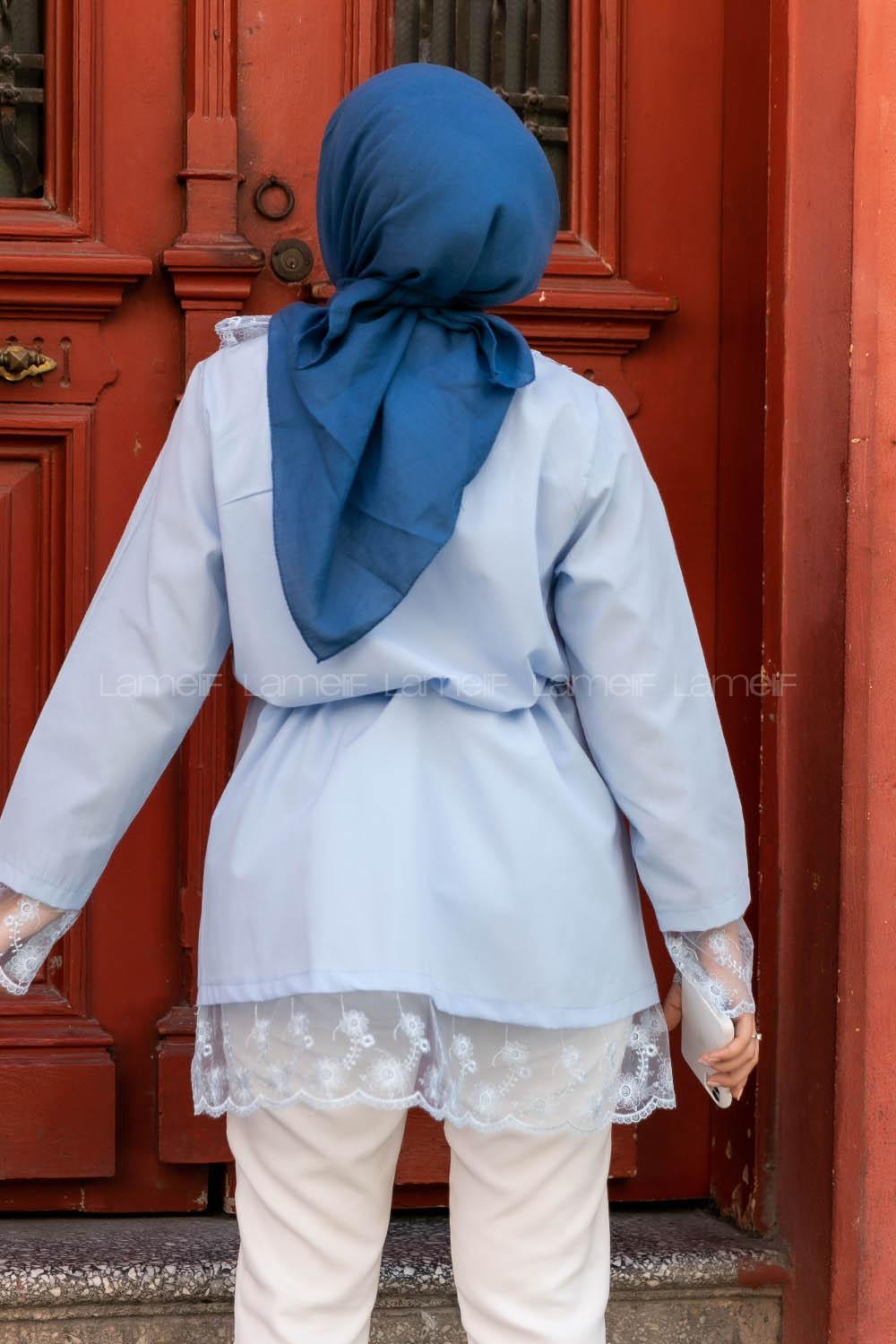 Modalamelif  Yaka Ve Etek Dantel Detaylı Kuşak Bağlamalı Tunik Mavi