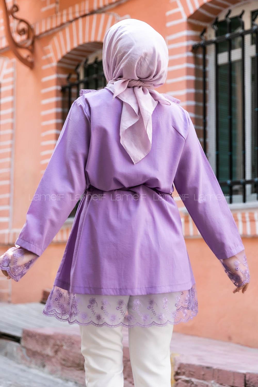 Modalamelif  Yaka Ve Etek Dantel Detaylı Kuşak Bağlamalı Tunik Mor