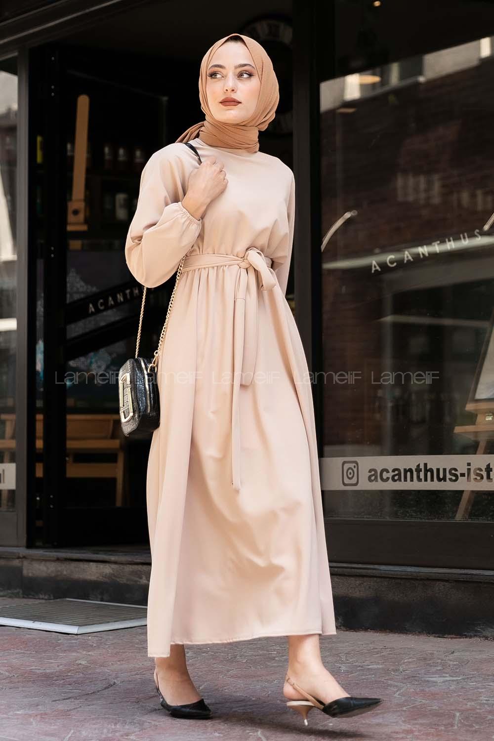 if Yara_sa Kol Beli Kuşaklı Elbise Taşrengi