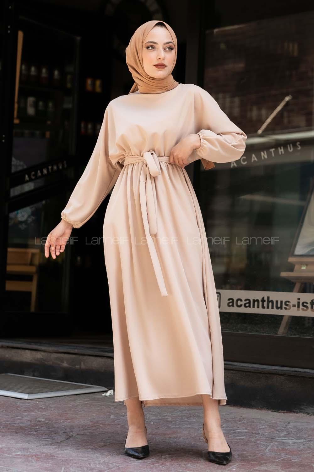 if Yara_sa Kol Beli Kuşaklı Elbise Taşrengi