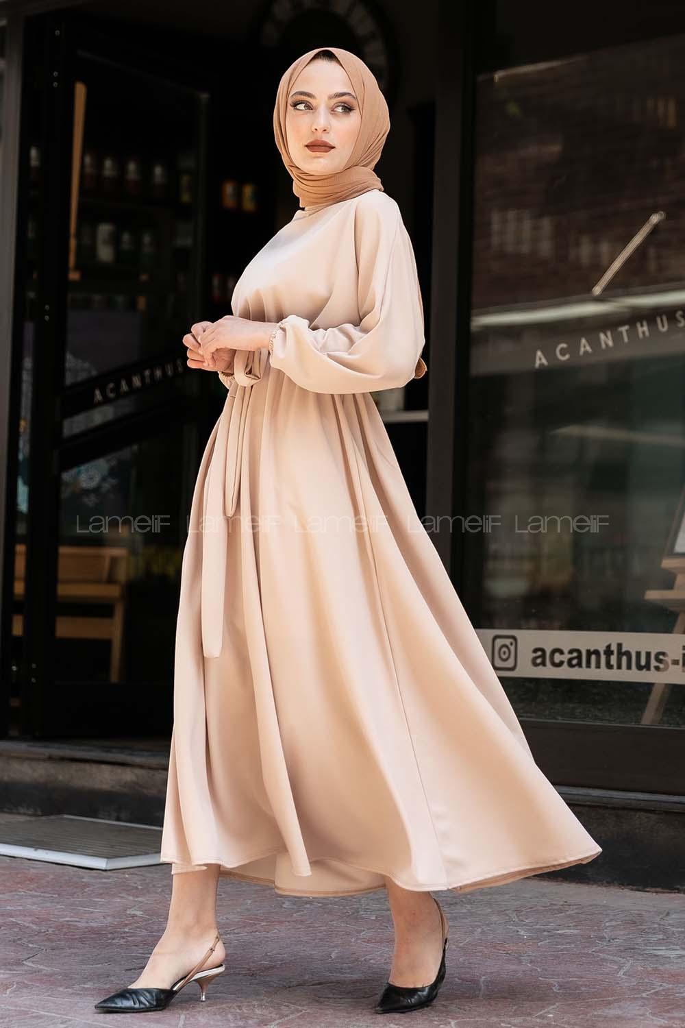 if Yara_sa Kol Beli Kuşaklı Elbise Taşrengi