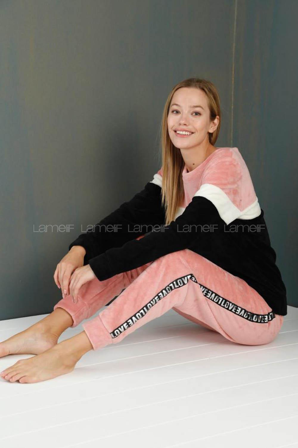 Modalamelif Alt Yanı Şeritli Polar Takım Siyah-Pudra