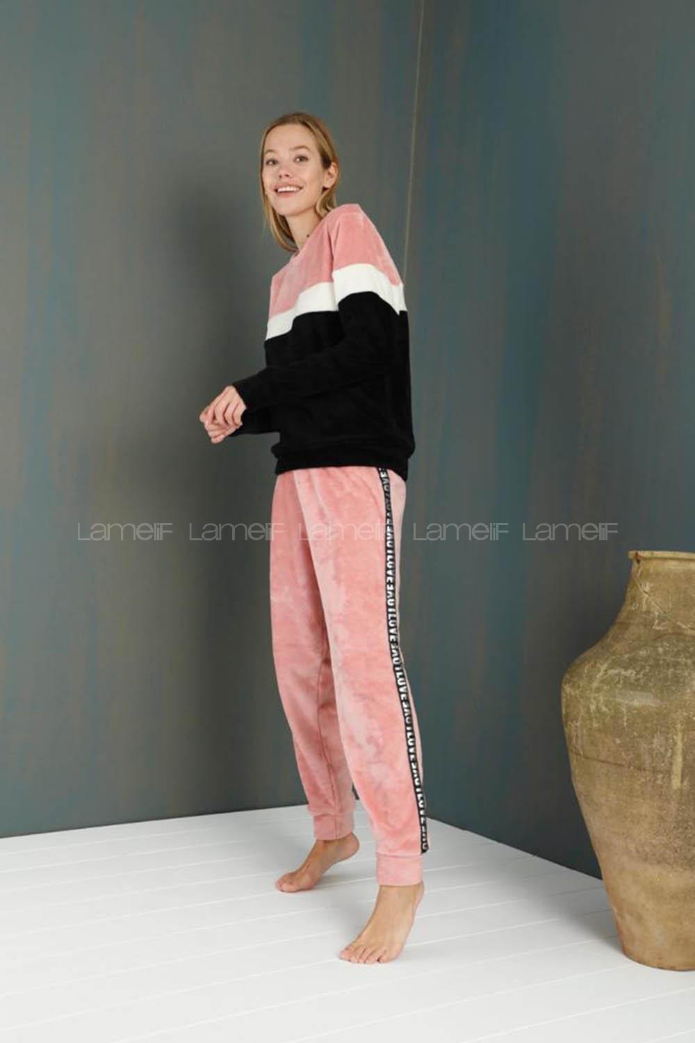Modalamelif Alt Yanı Şeritli Polar Takım Siyah-Pudra