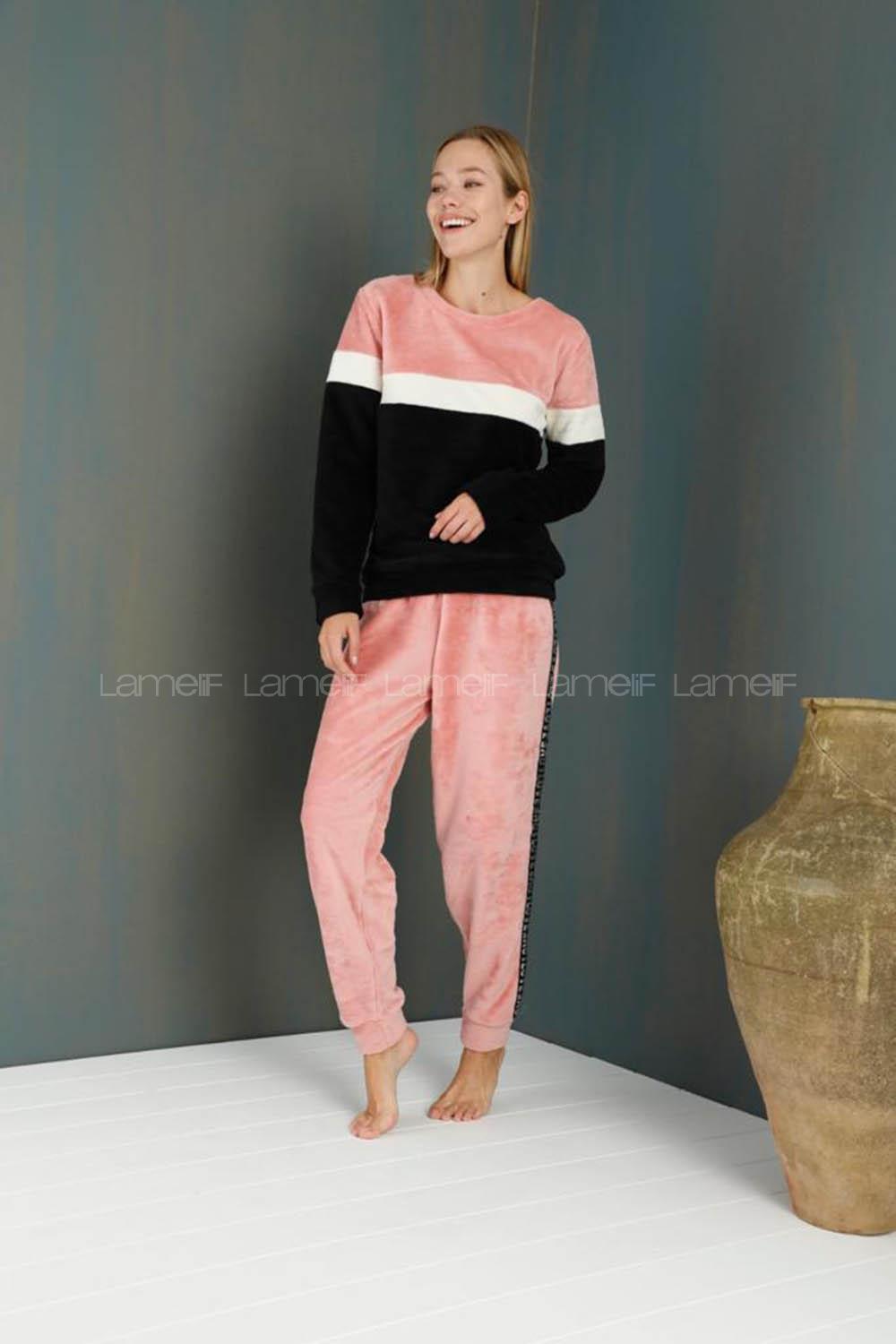 Modalamelif Alt Yanı Şeritli Polar Takım Siyah-Pudra