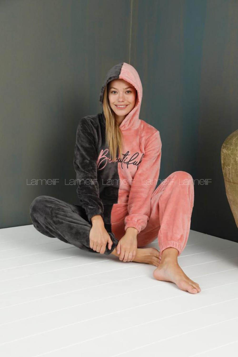 Modalamelif Beautiful Kapüşonlu Welsoft Polar Takım Siyah-Pudra