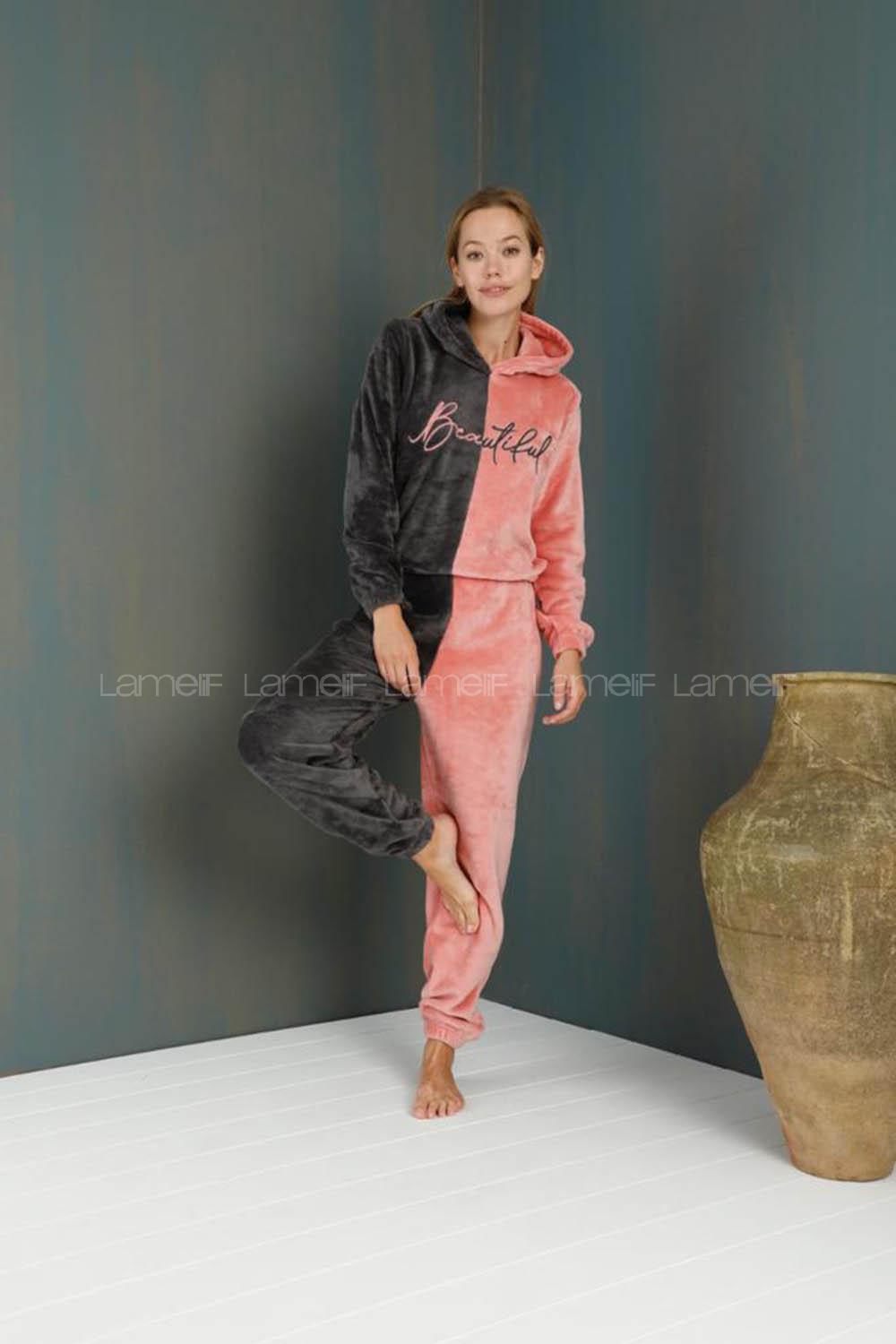 Modalamelif Beautiful Kapüşonlu Welsoft Polar Takım Siyah-Pudra