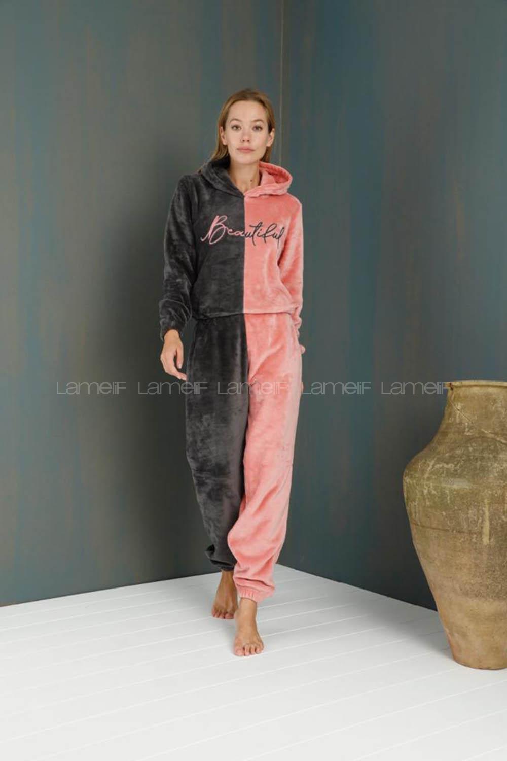Modalamelif Beautiful Kapüşonlu Welsoft Polar Takım Siyah-Pudra
