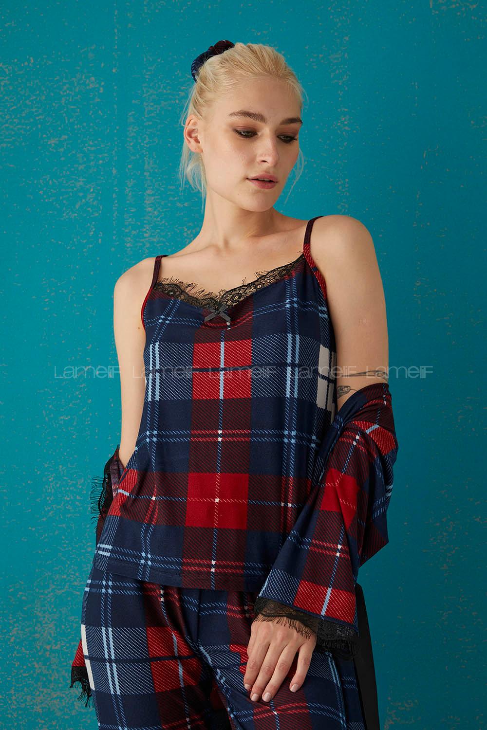 Modalamelif Ekose Desenli 3 Lü Süet Takım Lacivert- Bordo