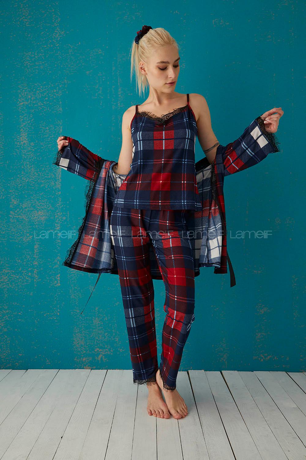 Modalamelif Ekose Desenli 3 Lü Süet Takım Lacivert- Bordo