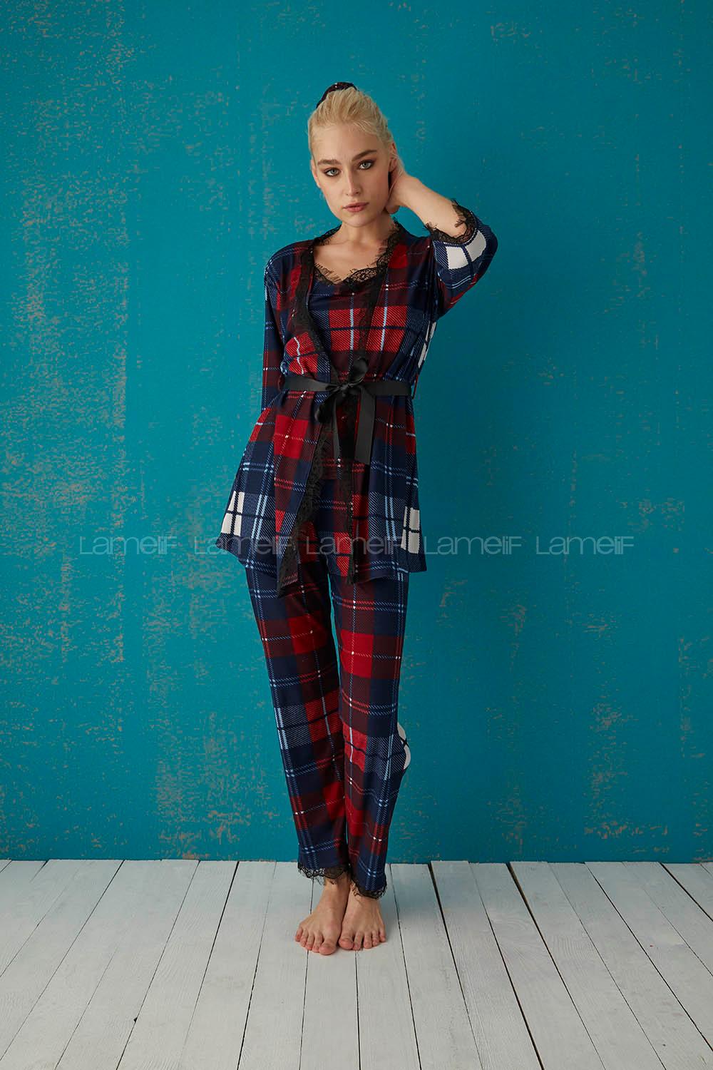 Modalamelif Ekose Desenli 3 Lü Süet Takım Lacivert- Bordo