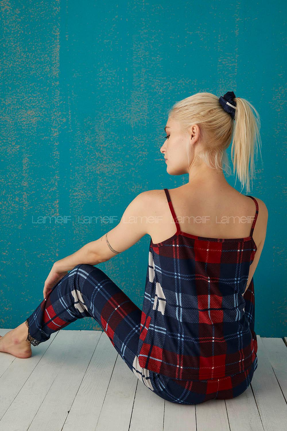 Modalamelif Ekose Desenli 3 Lü Süet Takım Lacivert- Bordo