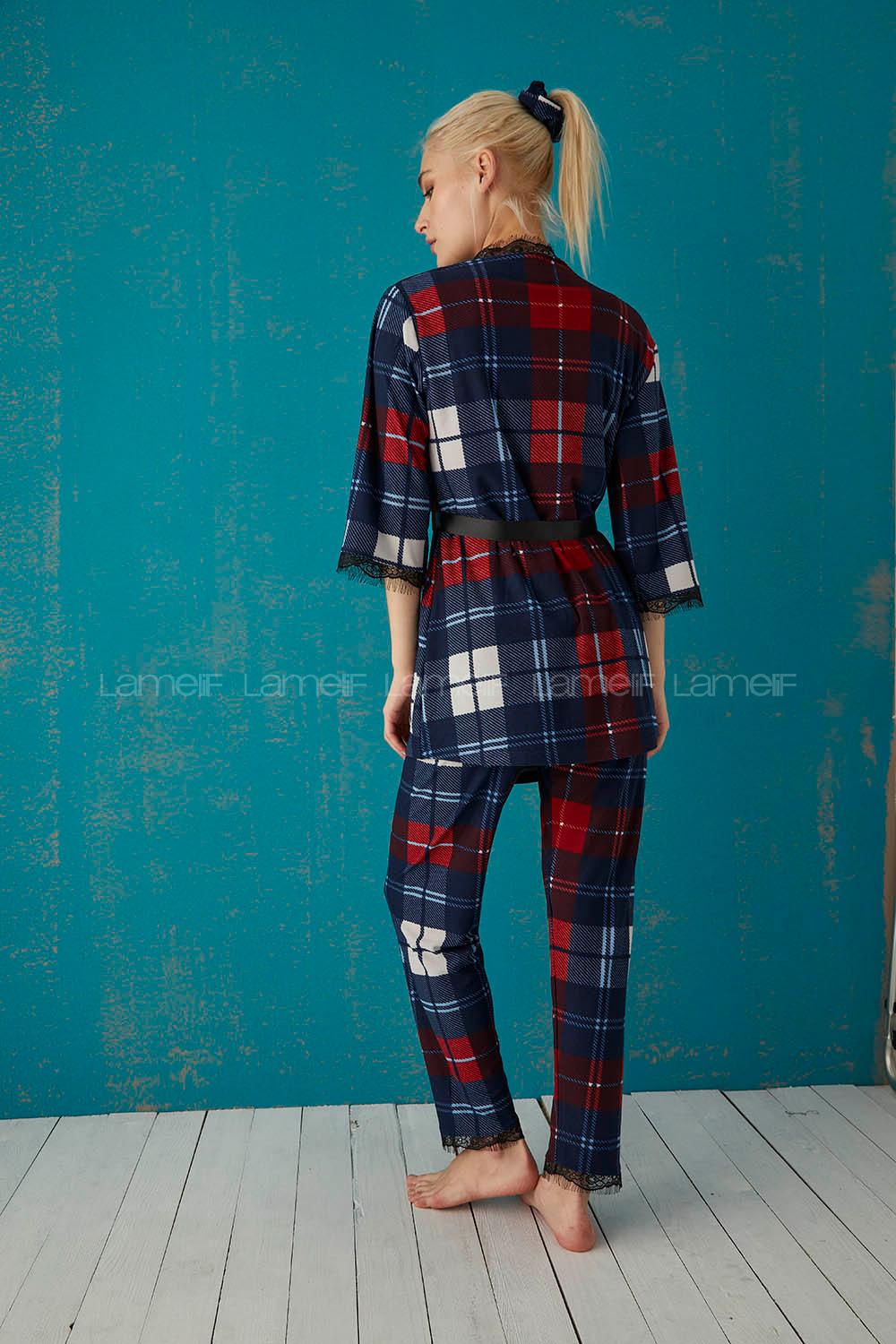 Modalamelif Ekose Desenli 3 Lü Süet Takım Lacivert- Bordo