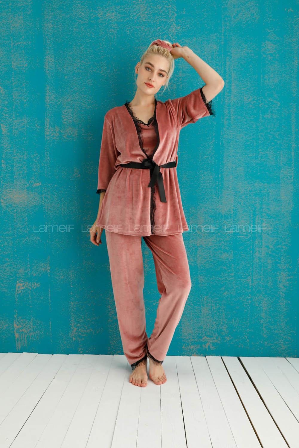 Modalamelif Fransız Kadife 3 Lü Pijama Takımı Pudra