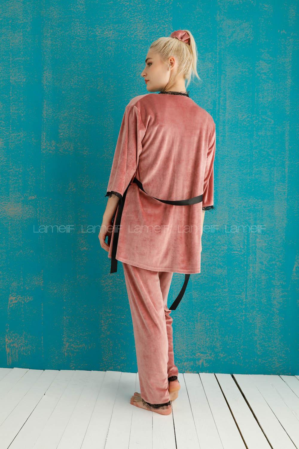 Modalamelif Fransız Kadife 3 Lü Pijama Takımı Pudra