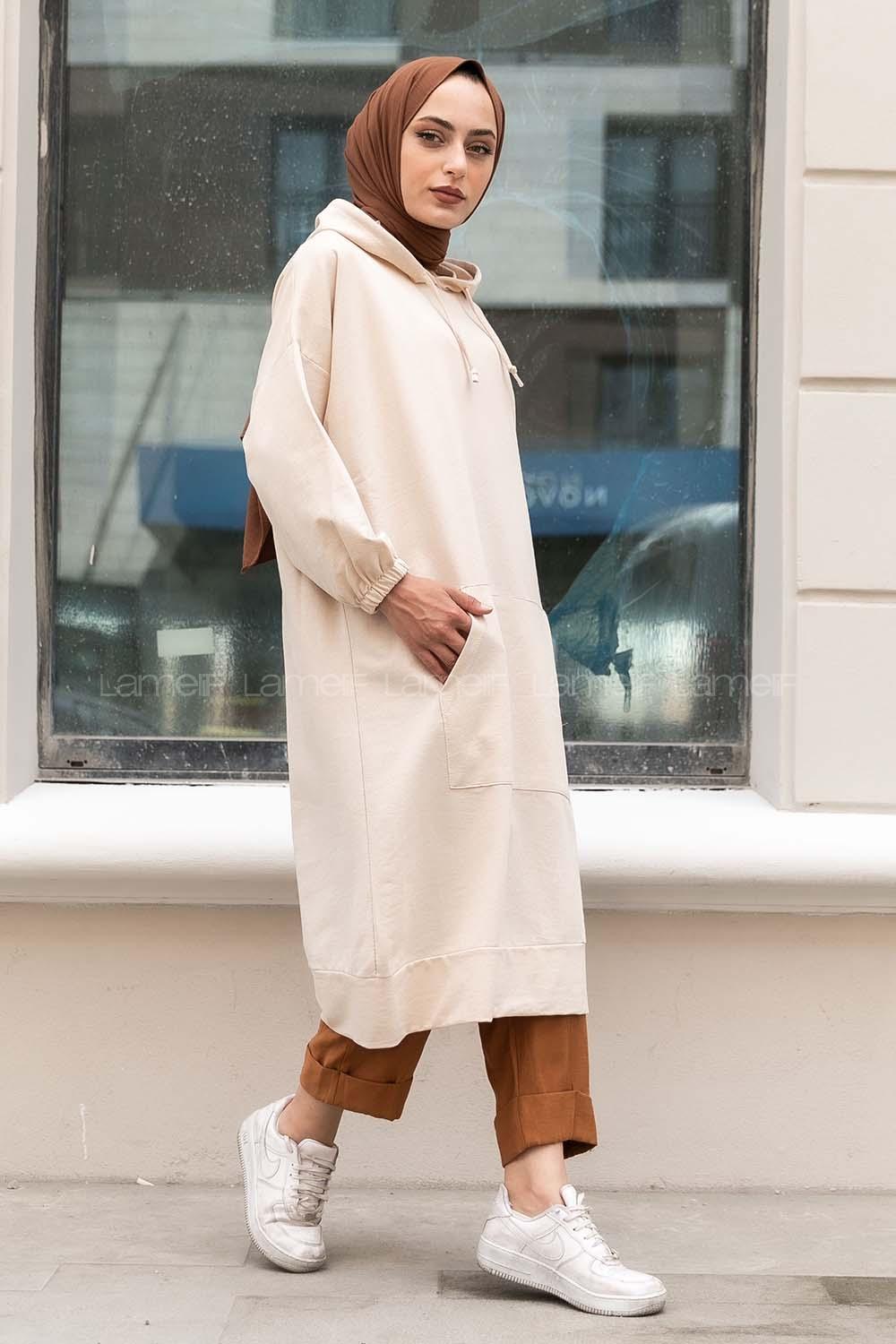 Modalamelif İki Cepli Kol Lastikli Sweatshirt Bej