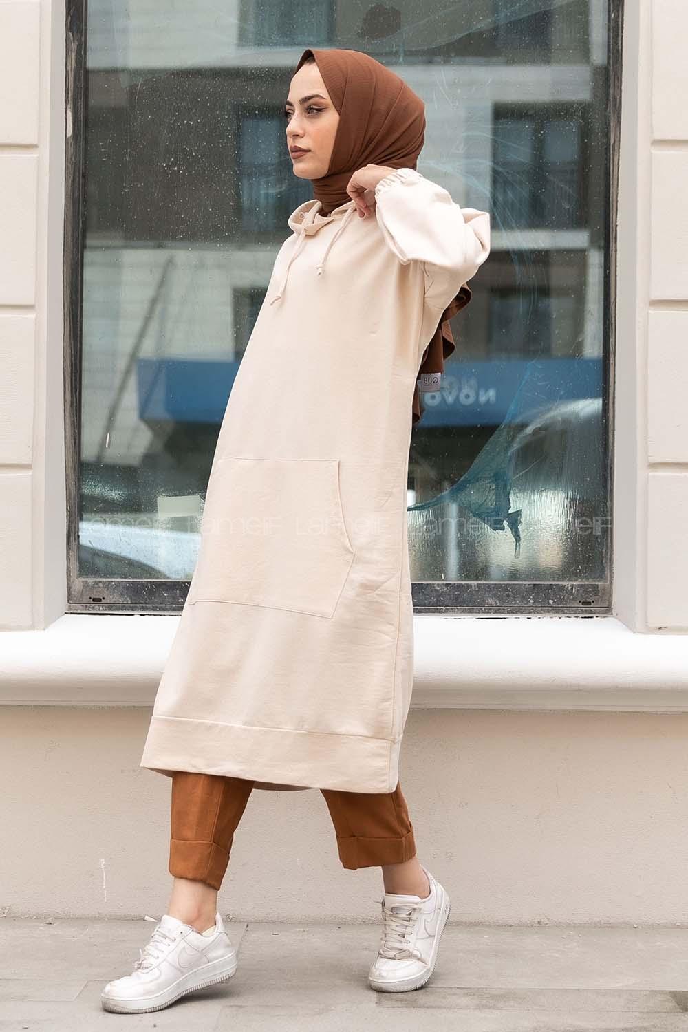 Modalamelif İki Cepli Kol Lastikli Sweatshirt Bej