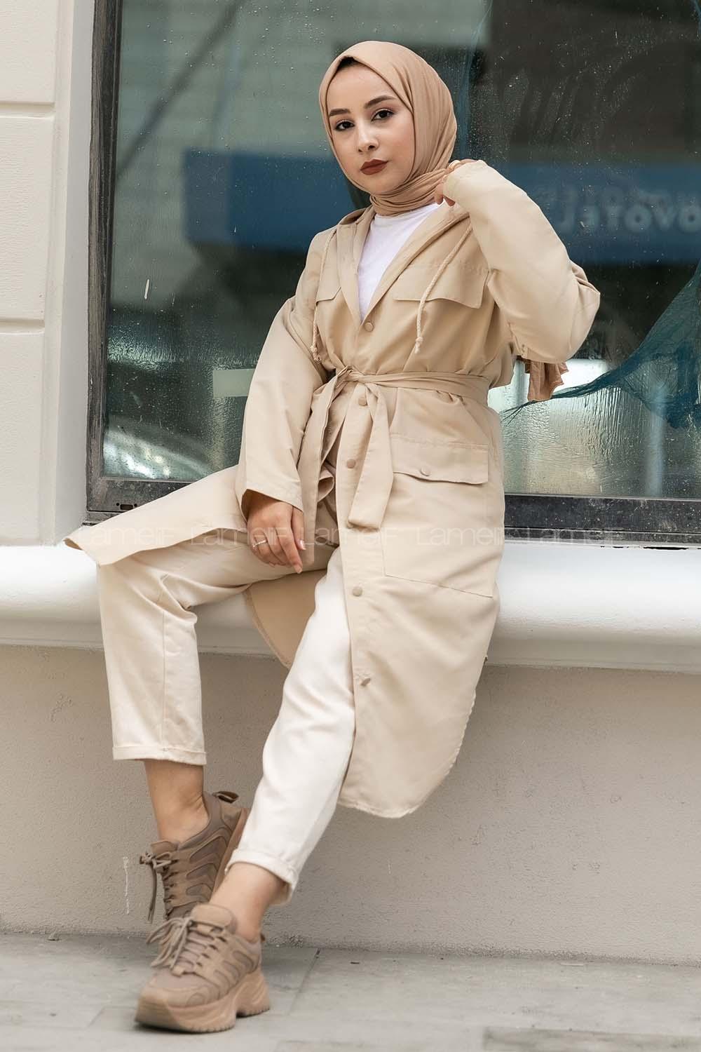 Modalamelif Kapüşon Detaylı Çift Kapak Cepli Trenç Bej