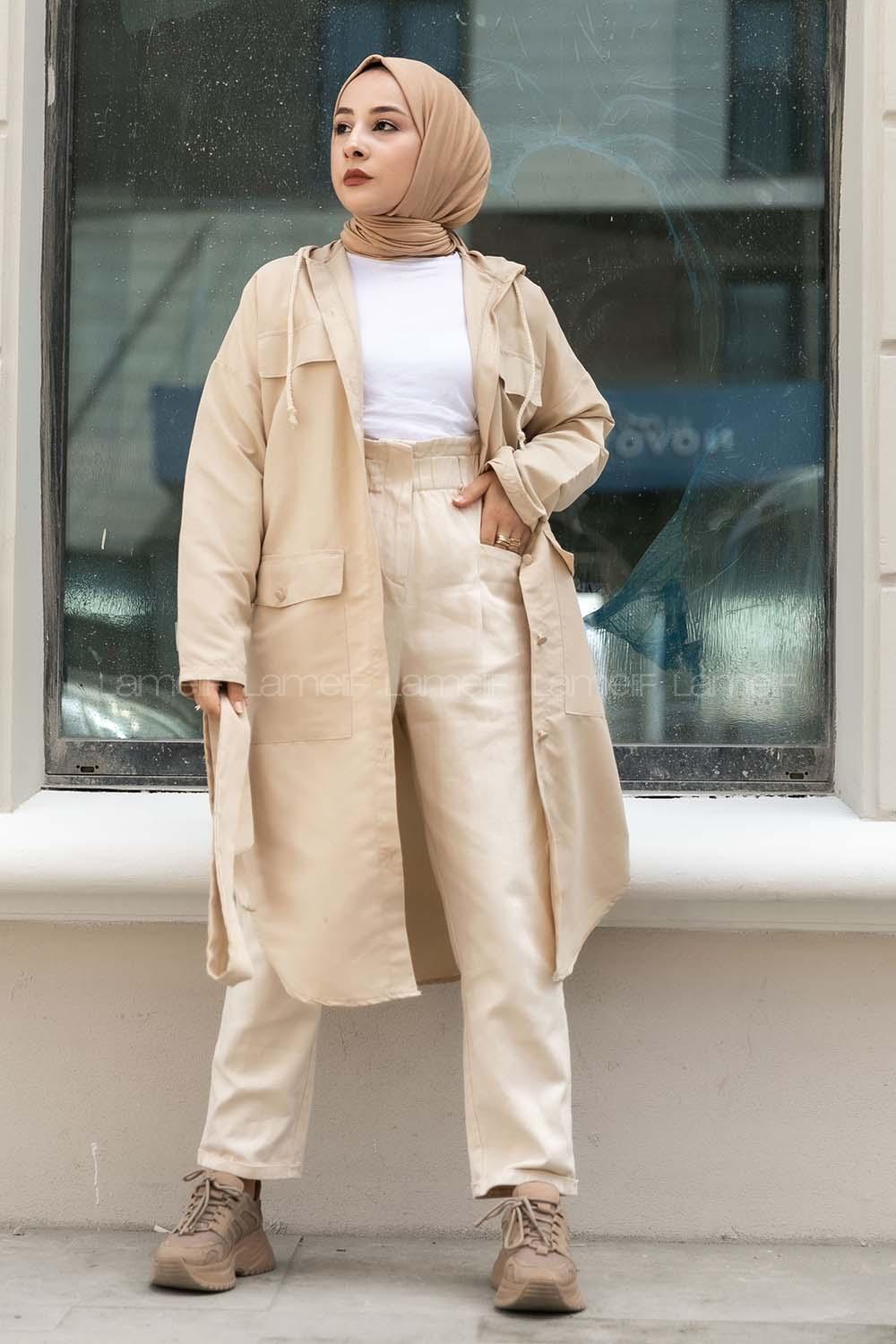 Modalamelif Kapüşon Detaylı Çift Kapak Cepli Trenç Bej