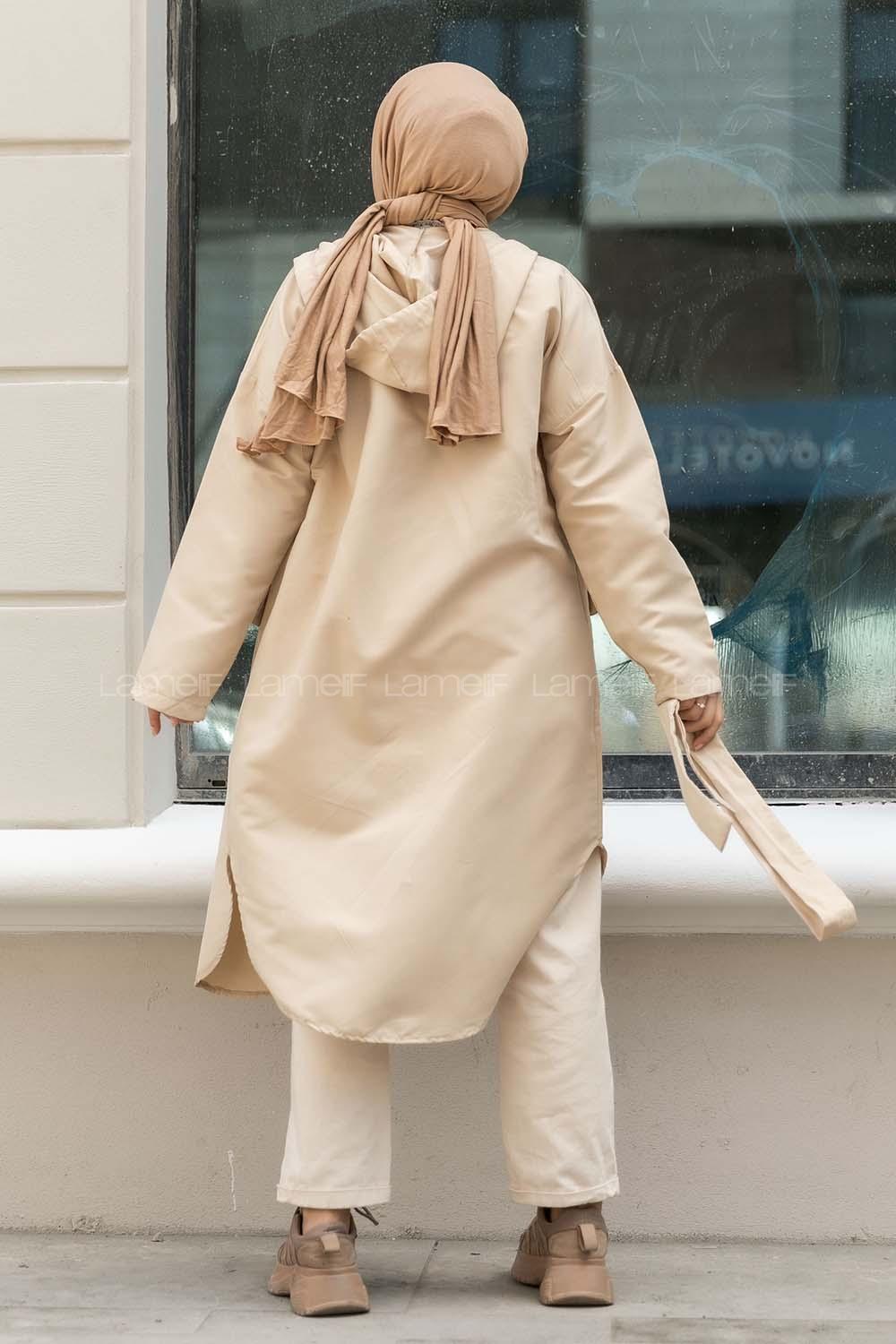 Modalamelif Kapüşon Detaylı Çift Kapak Cepli Trenç Bej