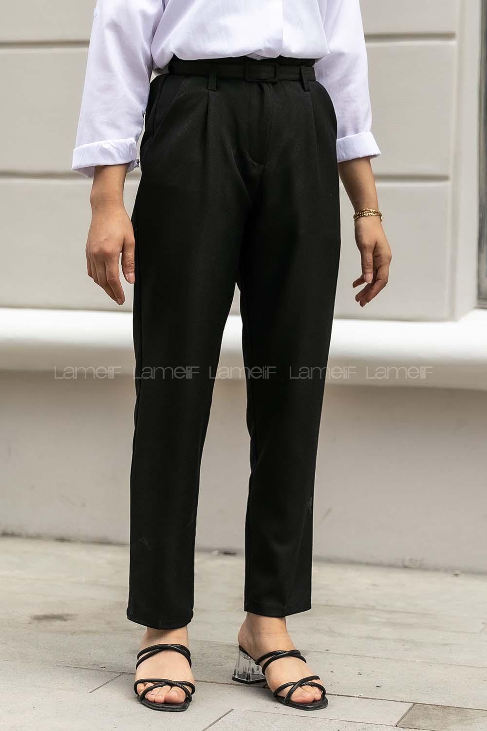 Modalamelif Kemer Detaylı Dar Paça Pileli Pantolon Siyah