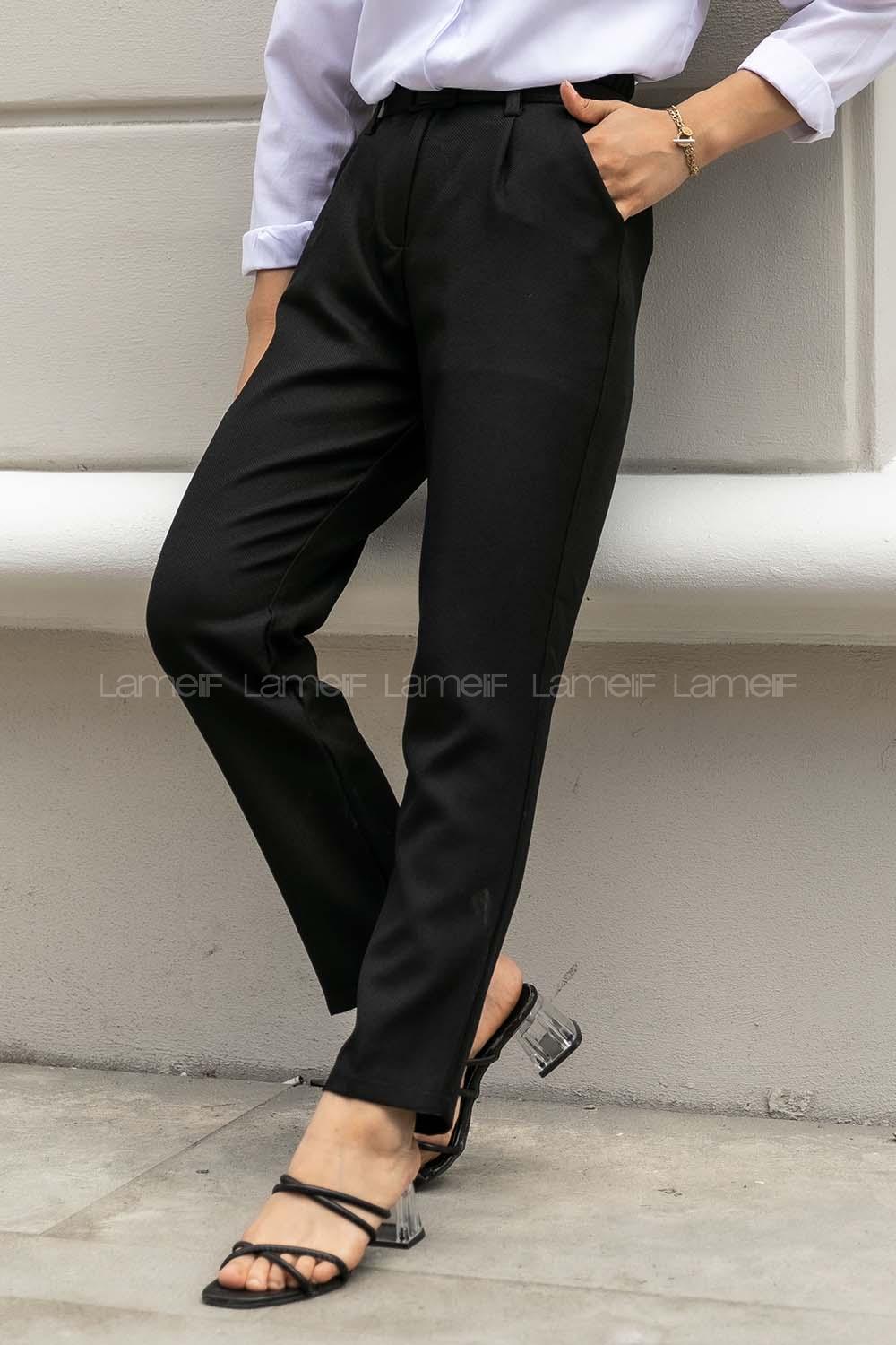 Modalamelif Kemer Detaylı Dar Paça Pileli Pantolon Siyah