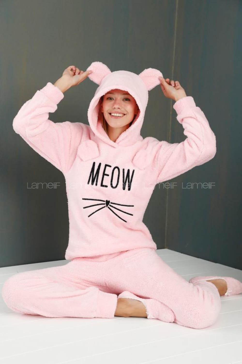 Modalamelif Meow Kulaklı Patik Hediyeli Welsoft Polar Takım Pudra