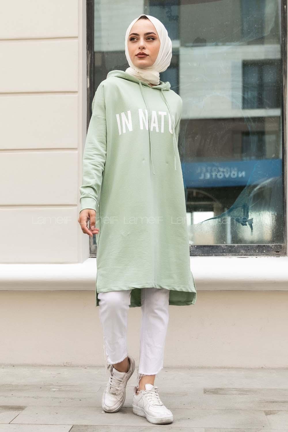 Modalamelif In Nature Yazı Baskılı Kapüşon Detaylı Uzun Tunik Çağla