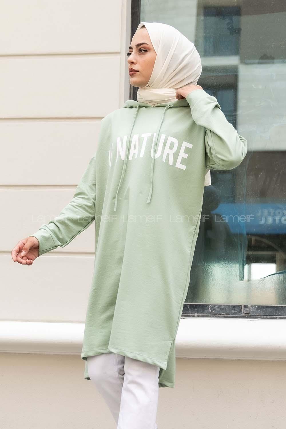 Modalamelif In Nature Yazı Baskılı Kapüşon Detaylı Uzun Tunik Çağla