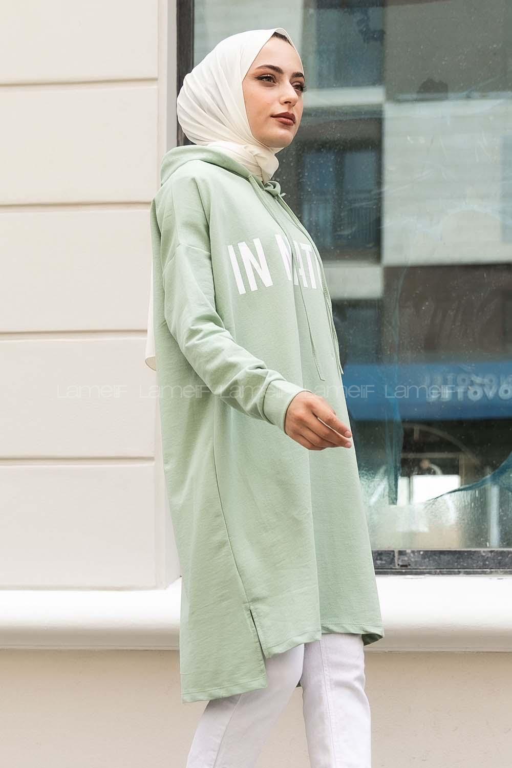 Modalamelif In Nature Yazı Baskılı Kapüşon Detaylı Uzun Tunik Çağla