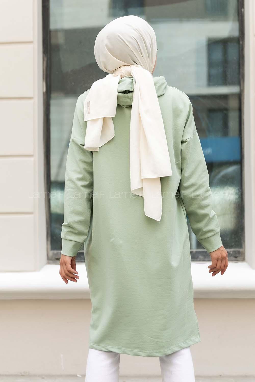 Modalamelif In Nature Yazı Baskılı Kapüşon Detaylı Uzun Tunik Çağla