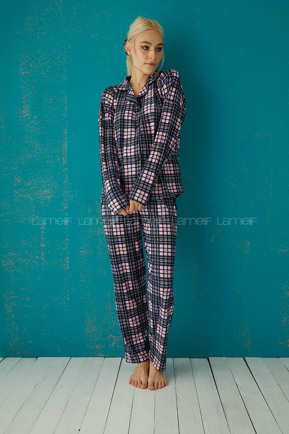 Modalamelif Petükare Desenli Süet Takım Lacivert-Pudra