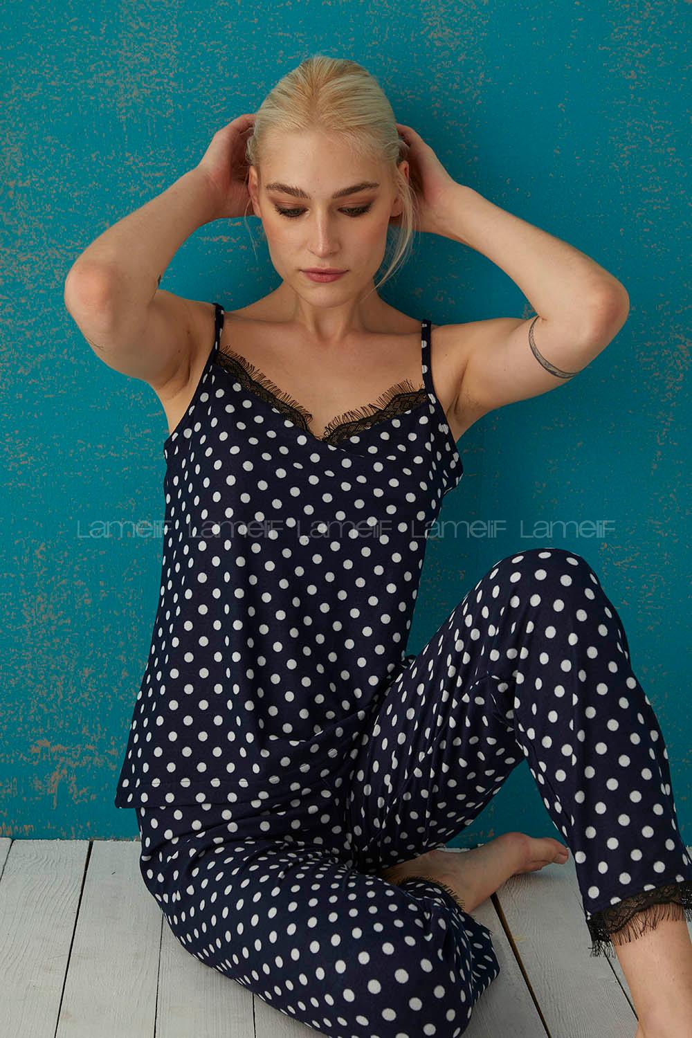 Modalamelif Puantiyer Desenli 3 Lü Süet Takım Lacivert