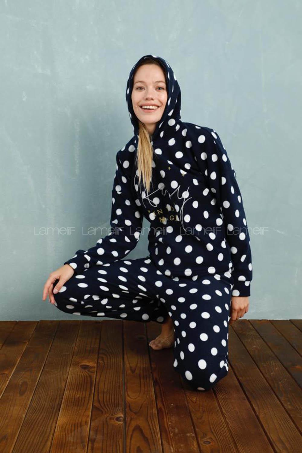 Modalamelif Puantiyer Desenli Kapüşonlu Takım Lacivert